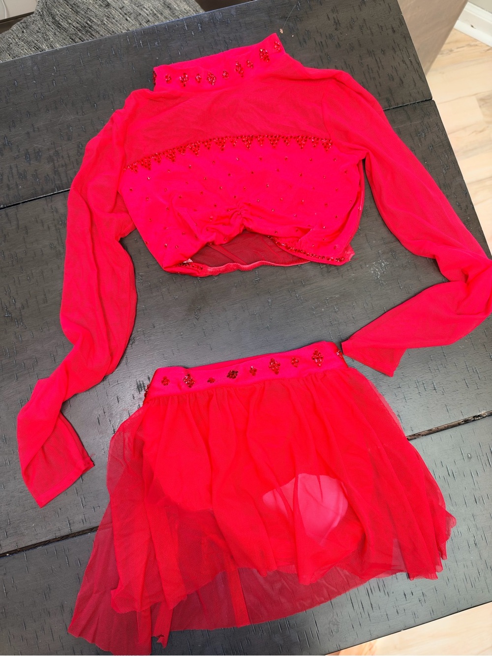 Red Embellished Two-Piece Tulle Skirt Set - Women